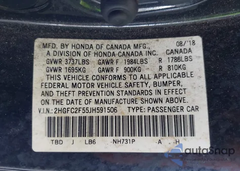 2018 Honda Civic Lx z USA, uszkodzony, nr VIN 2HGFC2F55JH591506
